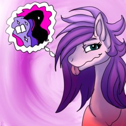 Size: 1730x1730 | Tagged: safe, artist:brainiac, oc, oc only, oc:brainiac, oc:cherry pie, pony, butt, daydream, female, gradient, lidded eyes, mare, plot, simple background, smiling, solo, sparkles, thought bubble, tongue out, wavy mouth