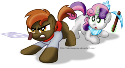 Size: 1280x697 | Tagged: safe, artist:aleximusprime, button mash, sweetie belle, g4, clothes, colt, duo, female, filly, foal, male, minecraft, mouth hold, pickaxe, protecting, simple background, sword, transparent background, weapon