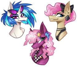 Size: 1024x893 | Tagged: safe, artist:athenavolantis, cheerilee, dj pon-3, mayor mare, vinyl scratch, g4, 80s, 80s cheerilee, 80s mayor mare, ear piercing, earring, eyeshadow, jewelry, makeup, non-dyed mayor, piercing, pink hair, portrait, simple background, tongue out, tongue piercing, trio, younger