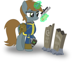 Size: 3515x3000 | Tagged: safe, artist:ruinedomega, oc, oc only, oc:littlepip, pony, unicorn, fallout equestria, .44 revolver, 44 magnum, alternate design, clothes, cutie mark, fallout, fanfic, fanfic art, female, glowing horn, grave, gravestone, gun, handgun, high res, hooves, horn, inkscape, jumpsuit, levitation, little macintosh, magic, mare, optical sight, pipboy, pipbuck, pistol, ponyscape, revolver, sad, saddle bag, simple background, solo, telekinesis, transparent background, vault suit, vector, weapon