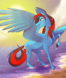 Size: 3500x4090 | Tagged: safe, artist:probablyfakeblonde, oc, oc only, oc:andrew swiftwing, pegasus, pony, beach, cloud, cutie mark, looking away, male, mane down, sand, smiling, stallion, sun, water, wet, wet mane