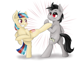 Size: 5102x4082 | Tagged: safe, artist:apple-crumbler, oc, oc only, oc:caramel popcorn, oc:paulpeoples, pony, absurd resolution, bipedal, flexible