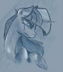 Size: 720x824 | Tagged: safe, artist:post-it, twilight sparkle, alicorn, pony, g4, colored sketch, crying, female, monochrome, sketch, solo, twilight sparkle (alicorn)