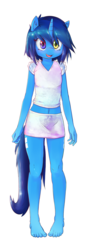 Size: 670x1800 | Tagged: safe, artist:hoodie, oc, oc only, oc:win, unicorn, anthro, plantigrade anthro, barefoot, belly button, clothes, cute, feet, heterochromia, legs, midriff, miniskirt, ocbetes, shirt, simple background, skirt, solo, toes, white background