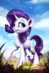 Size: 800x1200 | Tagged: safe, artist:assasinmonkey, part of a set, rarity, pony, unicorn, g4, cloud, cute, digital painting, eyebrows, female, horn, mare, outdoors, raised hoof, raribetes, realistic, solo