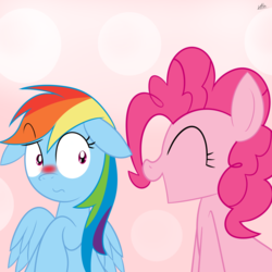 Size: 1280x1280 | Tagged: safe, artist:chir-miru, pinkie pie, rainbow dash, g4, blushing, female, floppy ears, lesbian, ship:pinkiedash, shipping