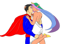 Size: 1440x858 | Tagged: safe, artist:eve-ashgrove, princess celestia, elf, human, g4, clothes, crack shipping, crossover, crossover shipping, dress, elf ears, female, humanized, imminent kissing, kissing, male, shipping, straight, supelestia, superman, the crack otp to end all crack otps