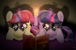 Size: 3000x2000 | Tagged: safe, artist:sol-r, moondancer, twilight sparkle, pony, unicorn, g4, book, candle, duo, female, filly, filly moondancer, filly twilight sparkle, foal, friends, high res, magic, magic aura, melting candle, unicorn twilight, younger