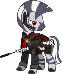 Size: 3654x4363 | Tagged: safe, artist:brisineo, oc, oc only, zebra, fallout equestria, clothes, fallout, gun, headset, jewelry, necklace, simple background, soldier, solo, transparent background, weapon, zebra rifle