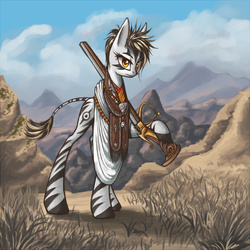 Size: 724x724 | Tagged: safe, artist:asimos, oc, oc only, zebra, gun, natives, rifle, solo, weapon