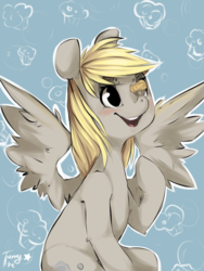 Size: 1200x1600 | Tagged: safe, artist:tamyarts, derpy hooves, pegasus, pony, g4, cute, derpabetes, female, food, mare, muffin, smiling, solo, spread wings