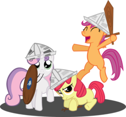 Size: 1024x949 | Tagged: safe, artist:nightoneverest, apple bloom, scootaloo, sweetie belle, g4, cutie mark crusaders, hat, larp, paper hat, shield, simple background, sword, transparent background, vector, weapon, wooden sword