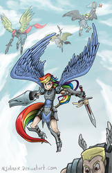 Size: 2270x3510 | Tagged: safe, artist:mjolnox, bulk biceps, derpy hooves, fluttershy, rainbow dash, scootaloo, human, g4, armor, armor skirt, clothes, high res, humanized, shield, skirt, skirtaloo, sword, weapon, winged humanization