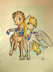 Size: 2841x3884 | Tagged: safe, artist:alicjaspring, derpy hooves, doctor whooves, time turner, pegasus, pony, g4, blushing, clothes, female, high res, male, mare, scarf, ship:doctorderpy, shipping, straight, tongue out, traditional art