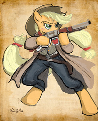 Size: 1700x2102 | Tagged: safe, artist:thelivingshadow, applejack, earth pony, semi-anthro, g4, clothes, female, gun, holster, lever action rifle, rifle, solo, weapon, winchester 1873