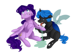 Size: 2000x1431 | Tagged: safe, artist:goshhhh, oc, oc only, oc:aspire, oc:sure stroke, changeling, pegasus, pony, fanfic:the village called respite, blue changeling, drool, fanfic art, healing, hoof licking, licking, tongue out