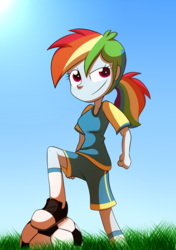 Size: 1024x1453 | Tagged: safe, artist:fj-c, rainbow dash, equestria girls, g4, alternate hairstyle, female, football, ponytail, solo