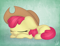 Size: 3000x2300 | Tagged: safe, artist:shinodage, apple bloom, g4, accessory swap, adorabloom, cowboy hat, cute, female, hat, sleeping, solo, stetson