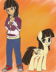 Size: 1968x2531 | Tagged: safe, artist:crusadervx, wild fire, human, pegasus, pony, g4, female, gradient background, human ponidox, humanized ponified human, looking at you, mare, self paradox, self ponidox, sibsy, smirk