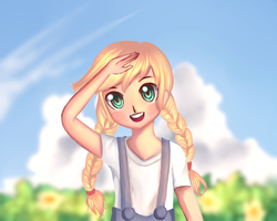 Size: 1280x1024 | Tagged: dead source, safe, artist:gianghanz, applejack, human, g4, cute, female, hatless, humanized, jackabetes, missing accessory, outdoors, solo