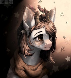 Size: 956x1047 | Tagged: safe, artist:pessadie, oc, oc only, antlers, clothes, flower, scarf, solo, stars