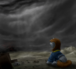 Size: 1851x1684 | Tagged: safe, artist:randomdash, oc, oc only, oc:littlepip, pony, unicorn, fallout equestria, clothes, fanfic, fanfic art, female, horn, jumpsuit, mare, pipbuck, scenery, skull, solo, vault suit, wasteland