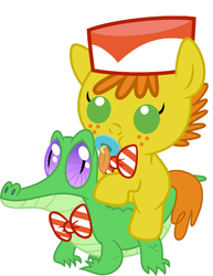 Size: 786x1017 | Tagged: safe, artist:red4567, carrot cake, gummy, pony, g4, baby, baby pony, carrot cake riding gummy, cute, pacifier, ponies riding gators, riding, weapons-grade cute