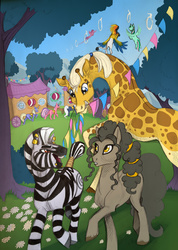 Size: 2820x3960 | Tagged: safe, artist:vindhov, oc, oc only, oc:cloudia, oc:follow lead, oc:sulphur pie, earth pony, giraffe, pony, zebra, circus, female, high res, mare, offspring, parent:pinkie pie, parent:trouble shoes, parents:trouble pie