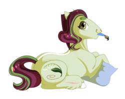 Size: 3856x3054 | Tagged: safe, artist:vindhov, oc, oc only, oc:midsummer's eve, earth pony, pony, female, high res, mare, mouth hold, nose piercing, nose ring, outline, paintbrush, piercing, pillow, ponysona, scar, simple background, solo, transparent background, unshorn fetlocks
