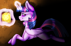 Size: 2048x1311 | Tagged: safe, artist:immagoddampony, twilight sparkle, alicorn, pony, g4, book, female, magic, prone, solo, twilight sparkle (alicorn)