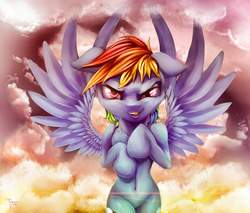 Size: 5000x4259 | Tagged: safe, artist:ferasor, rainbow dash, g4, absurd resolution, belly button, evil smile, female, flying, looking at you, solo