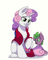 Size: 1200x1500 | Tagged: safe, artist:itstaylor-made, sweetie belle, oc, oc:hedgewing, dracony, hybrid, g4, cape, clothes, cmc cape, cutie mark, interspecies offspring, next generation, offspring, older, parent:spike, parent:sweetie belle, parents:spikebelle, simple background, story included, the cmc's cutie marks, white background