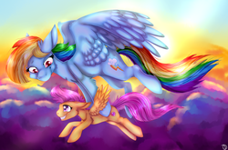 Size: 1024x674 | Tagged: safe, artist:auraeyes, rainbow dash, scootaloo, g4, cloud, cutie mark, flying, scootaloo can't fly, scootalove, the cmc's cutie marks