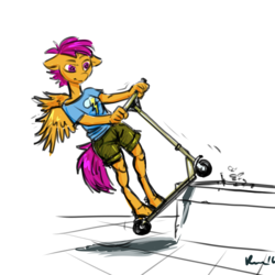 Size: 2512x2512 | Tagged: safe, artist:kovoranu, scootaloo, anthro, unguligrade anthro, g4, clothes, female, grinding, high res, rail grinding, scooter, shorts, solo, traditional art