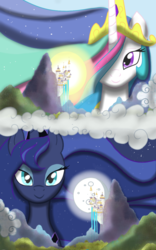 Size: 1024x1638 | Tagged: safe, artist:theroyalprincesses, princess celestia, princess luna, alicorn, pony, g4, canterlot, cloud, day, duo, female, full moon, hair over one eye, looking at you, mare, moon, night, royal sisters, split screen, sun