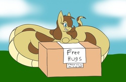 Size: 1280x837 | Tagged: safe, artist:metalaura, oc, oc only, oc:hissyfit, lamia, original species, snake, eyelashes, female, fluffy, free hugs, grin, hair over one eye, imma snuggle you, it's a trap, looking at you, sign, smiling, snek, solo, this will end in vore