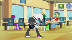Size: 1280x720 | Tagged: safe, screencap, mystery mint, photo finish, sandalwood, equestria girls, g4, my little pony equestria girls: friendship games, photo finished, boots, cafeteria, celery, clothes, food, football, high heel boots, orange, shoes, table
