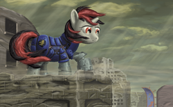Size: 4337x2673 | Tagged: safe, artist:morevespenegas, oc, oc only, oc:blackjack, cyborg, pony, unicorn, fallout equestria, fallout equestria: project horizons, amputee, cybernetic legs, level 1 (project horizons), ruins