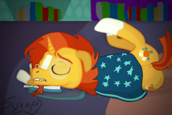 Size: 1024x682 | Tagged: safe, artist:syruph, sunburst, pony, unicorn, g4, male, on side, sleeping, solo, stallion