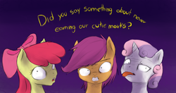Size: 1424x753 | Tagged: safe, artist:cybermananon, apple bloom, scootaloo, sweetie belle, g4, cutie mark crusaders