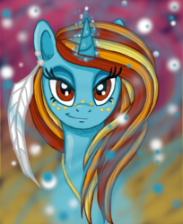 Size: 450x551 | Tagged: safe, artist:angelicmodivation, oc, oc only, oc:simplicity, pony, unicorn, feather, front view, full face view, magic, portrait, solo