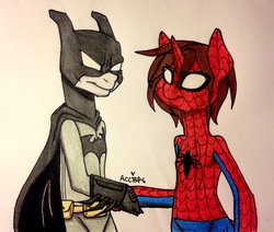 Size: 2629x2227 | Tagged: safe, artist:ameliacostanza, batman, bruce wayne, clothes, costume, crossover, dc comics, duo, high res, hoofshake, male, marvel, peter parker, ponified, spider-man, superhero, traditional art