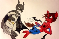 Size: 3120x2083 | Tagged: safe, artist:ameliacostanza, batarang, batman, bruce wayne, clothes, costume, crossover, dc comics, fight, high res, male, marvel, peter parker, ponified, spider-man, superhero, traditional art