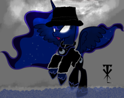 Size: 1003x797 | Tagged: safe, artist:skulluigi, princess luna, alicorn, pony, g4, crossover, female, glowing eyes, hat, parody, solo, the undertaker, undertaker, wrestling, wwe