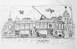 Size: 1024x649 | Tagged: safe, artist:agm, g4, ponyville, traditional art, tram