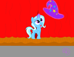 Size: 1280x981 | Tagged: safe, artist:marewile, trixie, pony, unicorn, g4, cute, female, filly, filly trixie, happy, levitation, magic, mare, open mouth, open smile, smiling, solo, stage, telekinesis, trixie's hat, younger