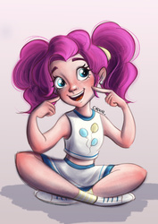 Size: 1024x1448 | Tagged: safe, artist:ciipott, pinkie pie, human, g4, cheerleader, clothes, cute, diapinkes, ear piercing, earring, female, humanized, jewelry, midriff, piercing, pigtails, shoes, skirt, sneakers, socks, solo, tank top