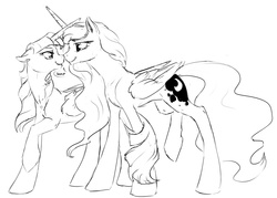 Size: 1280x915 | Tagged: safe, artist:silfoe, princess luna, twilight sparkle, alicorn, pony, other royal book, g4, bedroom eyes, black and white, boop, dialogue, eye contact, female, grayscale, horn, horns are touching, lesbian, mare, missing accessory, monochrome, noseboop, older, raised hoof, raised leg, ship:twiluna, shipping, simple background, smiling, speech bubble, twilight sparkle (alicorn), white background