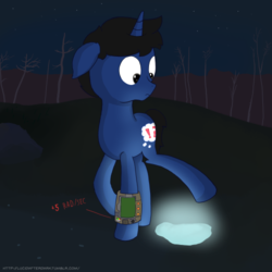Size: 500x500 | Tagged: safe, artist:triplesevens, oc, oc only, oc:lucid dream, pony, unicorn, fallout equestria, confused, implied pissing, lifted leg, male, pipbuck, radioactive, simple background, urine