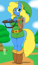 Size: 747x1280 | Tagged: safe, artist:angelthecatgirl, oc, oc only, oc:pixie, anthro, unguligrade anthro, anthro oc, big breasts, blushing, breasts, chuchu, female, green chuchu, link, outdoors, shield, sword, the legend of zelda, weapon